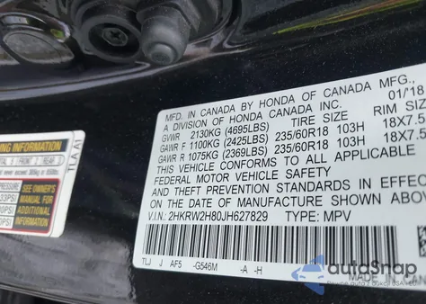 2018 Honda Cr-V Ex-L/Ex-L Navi из США, поврежденный, VIN 2HKRW2H80JH627829